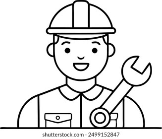 Un hombre con un sombrero duro está sonriendo y sosteniendo una llave inglesa. Concepto de positividad y confianza en las capacidades del hombre como trabajador