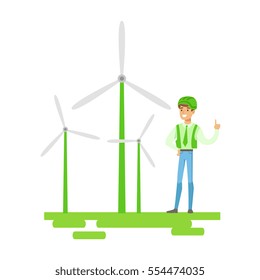 Man In Hard Hat Standing Next To Wind Power Turbines , Contributing Into Environment Preservation By Using Eco-Friendly Ways Illustration