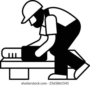 A man in a hard hat is working on a bench. Concept of hard work and dedication