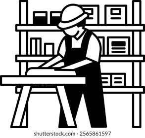 A man in a hard hat is working on a table. Concept of hard work and dedication