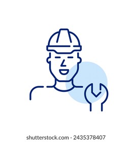 Man in hard hat with wrench. Skilled technician in engineering and construction. Pixel perfect, editable stroke icon