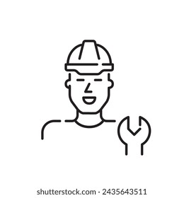 Man in hard hat with wrench. Skilled technician in engineering and construction. Pixel perfect vectory icon