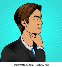 Man With Hard Sore Throat Old Comic Book Pop Art Retro Style Vector Medical Illustration