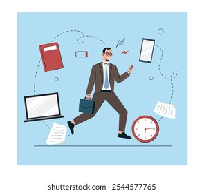 Man with hard work. Businessman with list of tasks and clocks. Hardworker entrepreneur with low battery energy. Time management and workflow organization. Flat vector illustration