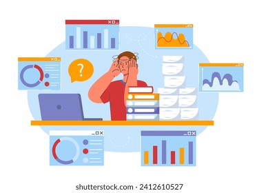 Man with hard work. Young guy with lot of papers and graphs and diagrams. Worker with statistics and infographics. Tired employee with emotional burnout. Cartoon flat vector illustration