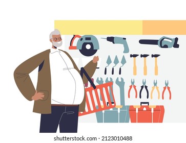 Man in hardware store choosing equipment for construction work or renovation at home. Male customer buying toolkit in tool shop. Cartoon flat vector illustration
