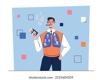 Man with harmful smoking. Young guy smokes cigarette. Nicotine and tobacco addiction. Harmful lifestyle and bad habits. Damage for lungs. Flat vector illustration isolated on white background