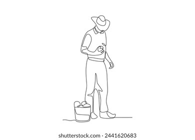 Man harvesting tomatoes.People picking herbs or veggie one-line drawing