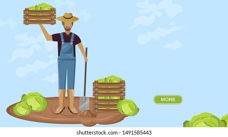 Man harvesting Vector flat style. Autumn fall season agriculture brochure template