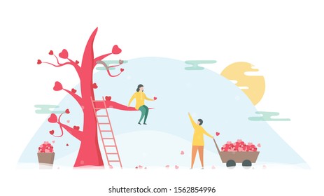 Man harvests hearts for his girlfriend. Couple of love design in winter season. Vector illustration in flat style.