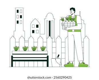 A man harvests his garden produce while carrying a basket of fresh vegetables, a wooden fence borders his small garden with high-rise buildings in the background, urban farming vector illustration.