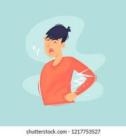 Man has a backache and health. Flat design vector illustration