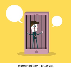 Man has been detained in phone prison. Phone addiction concept. flat design elements. vector illustration