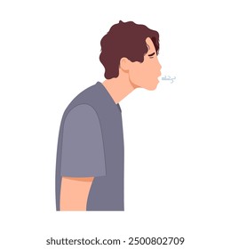 Man has breathing problems and has to breathe out through his mouth. Male has asthma and sighs. Vector illustration 