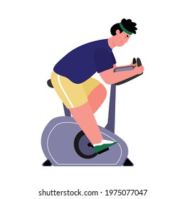 Man has cardio training on cycling fitness machine, flat cartoon vector illustration isolated on white background. Man training on fitness club or gym equipment.