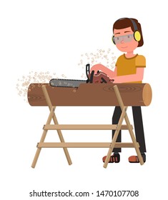 A man has a chainsaw. Isolated on a white background.