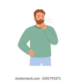 Man has cough, sick symptoms feeling unwell. Male with headache having cold, seasonal flu, coughing in hand person flat vector illustration. Man having flu, coughing person with running nose