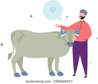 Un hombre tiene una vaca.