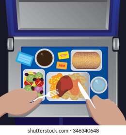 Man has dinner on the plane, first person view - airline meal concept. Vector illustration