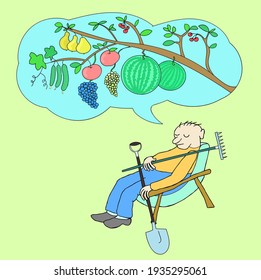 Man has dozed off and is dreaming. Dream of a wonderful harvest. Illustration in color 