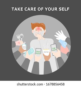 The man has a fever and has another hands. Give him a device to protect himself.