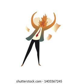 Man has a fire on the spot naked for anger. Vector illustration on white background.