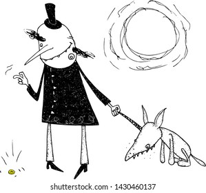 Man has found a coin lying on the ground while walking with his dog. Vector illustration