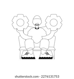 Der Mensch hat Zahnräder in den Händen; lineare Vektorgrafik.