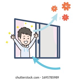 A man has good ventilation in a room and is driving out the virus. Vector image.