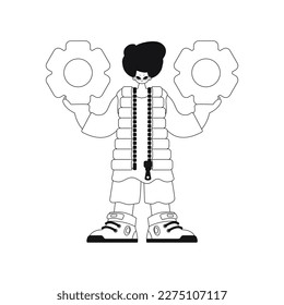 Der Mensch hat Hand auf Zahnräder. Lineare Vektorgrafik.