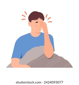 Man has a headache after waking up. Male has problems with insomnia and drowsiness. Suffering from poor sleep and feeling unrefreshed. Flat style vector