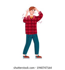 Man has headache and fever of flu or poisoning flat vector illustration isolated.