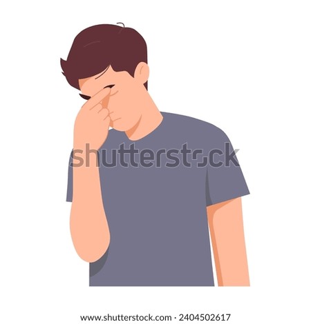 Man has headache in forehead. Eye pain causes dizziness and vertigo. Vector illustrations infographics 