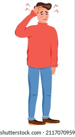 El hombre tiene dolor de cabeza. Migraña. Estilo plano. Carácter. Ilustración de material vectorial. Fondo blanco. aislado. Enfermedad.