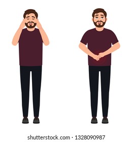 A man has a headache and stomach ache, a sharp pain in the intestines, a migraine in a young man, vector illustration