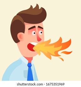 Man Has Heartburn, Acid Reflux. A Man With Red Face And Fire Flame From His Open Mouth. Very Spicy Food. Medical Vector Illustration, Flat Design, Cartoon Style, Isolated Background.