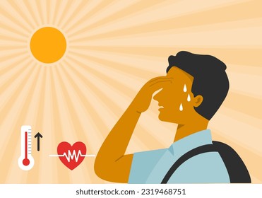 A man has heat stroke with heart rate and high temperature symbol, flat vector illustration.