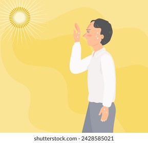 A man has heat stroke and sunburn on high temperatures in flat vector illustration.