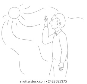 A man has heat stroke and sunburn on high temperatures in line drawing.