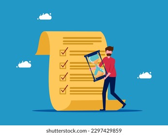 man has an hourglass and a checklist. Time planning. vector 