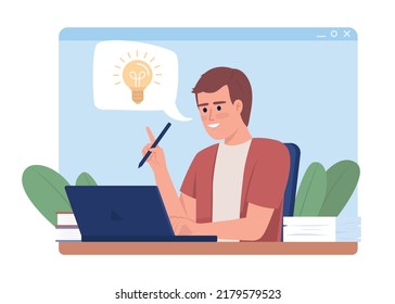 Man has idea 2D vector isolated illustration. Efficient worker flat character on cartoon background. Creative professional colourful editable scene for mobile, website, presentation
