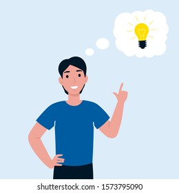 Man has idea. Female having solution, lightbulb idea creative thinking concept, solved question. Flat vector cartoon illustration. 