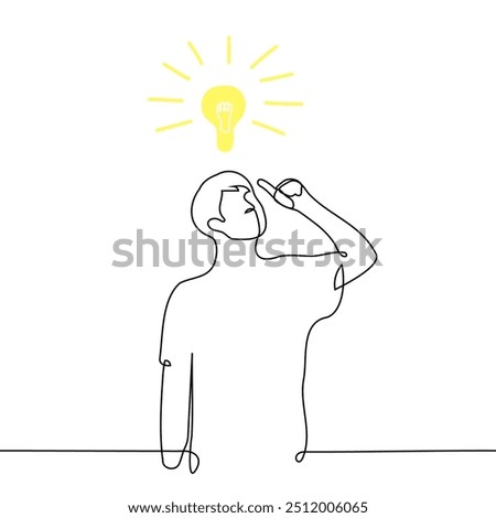 man has an idea, he stands with his index finger up and an immaterial lamp is burning above him - one line art vector. concept idea, inspiration, brainstorming. Handmade vector not AI