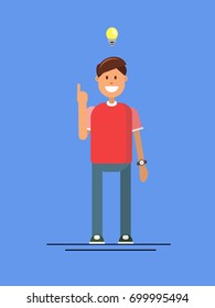The man has an idea on the blue background with the yellow light bulb. The cool man has an idea about business. Vector illustration
