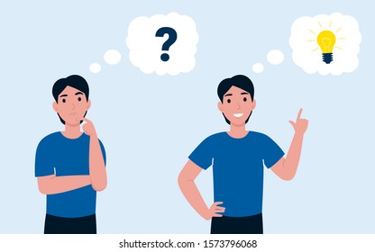 Man has idea and question. Male having solution,  idea lightbulb  creative thinking concept. solved question. Flat vector cartoon illustration. 