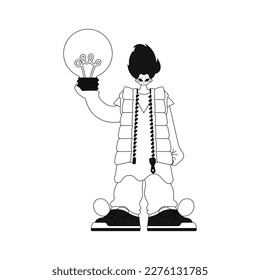 The man has an idea represented by a light bulb. Linear vector illustration.