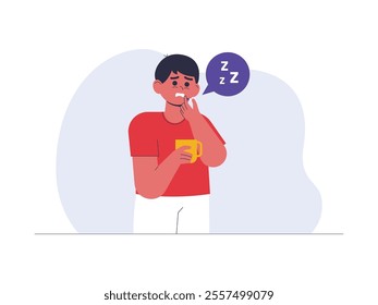 A man has insomnia that is so severe that he has to take sleeping pills, vector illustration of a health problem.