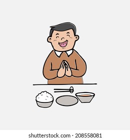 Man has meal with rice alone cartoon