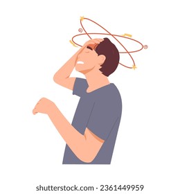 Man has a migraine attack. Symbol of dizziness, headache, brain pain. Adult feel dizzy from stress. Modern trendy style. Hand drawn vector character illustration. Isolated on white background.