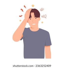 Man has a migraine attack. Symbol of dizziness, headache, brain pain. Adult feel dizzy from stress. Modern trendy style. Hand drawn vector character illustration. Isolated on white background.